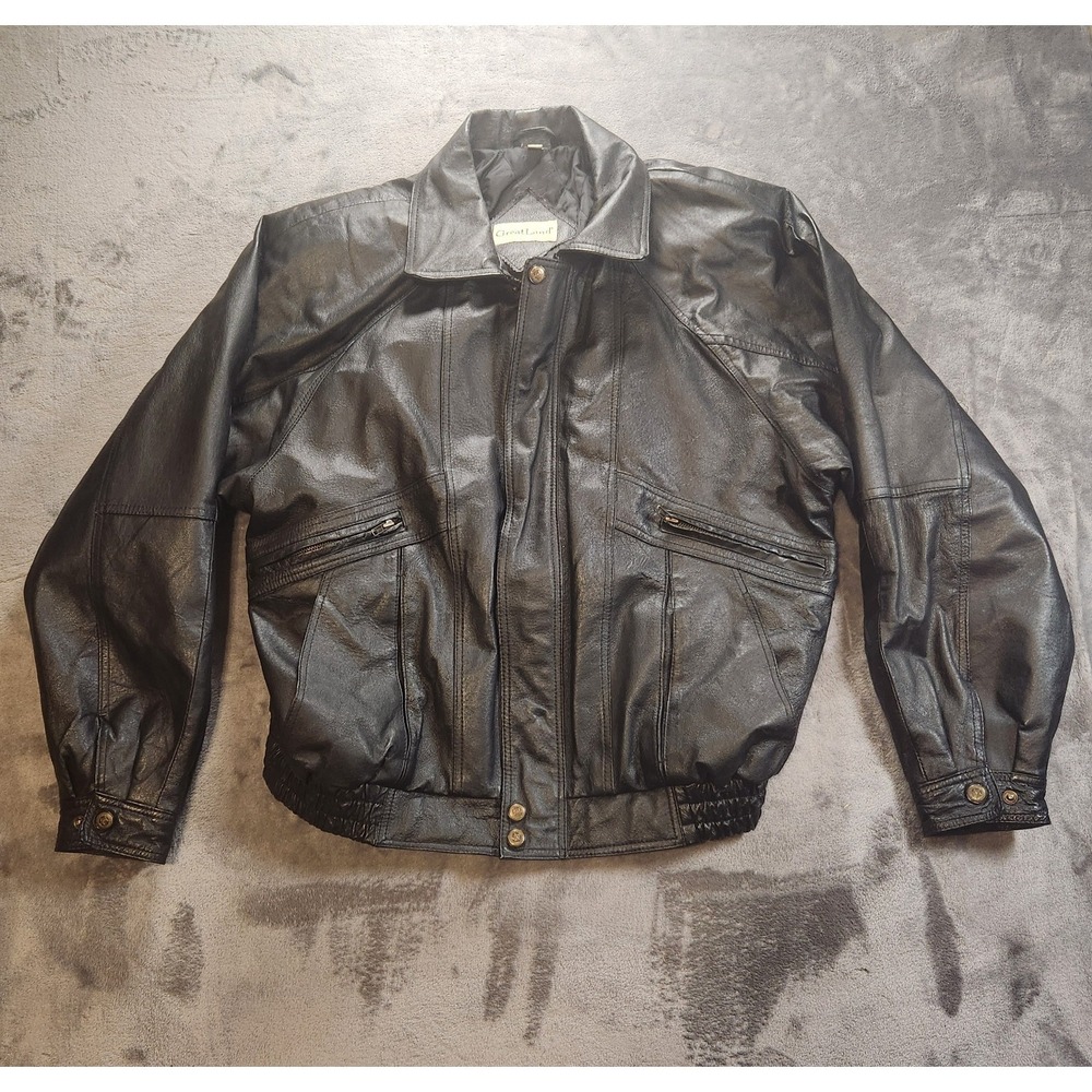 Greatland Mens Jacket Large Black Leather Bomber 90s Y2K Vintage